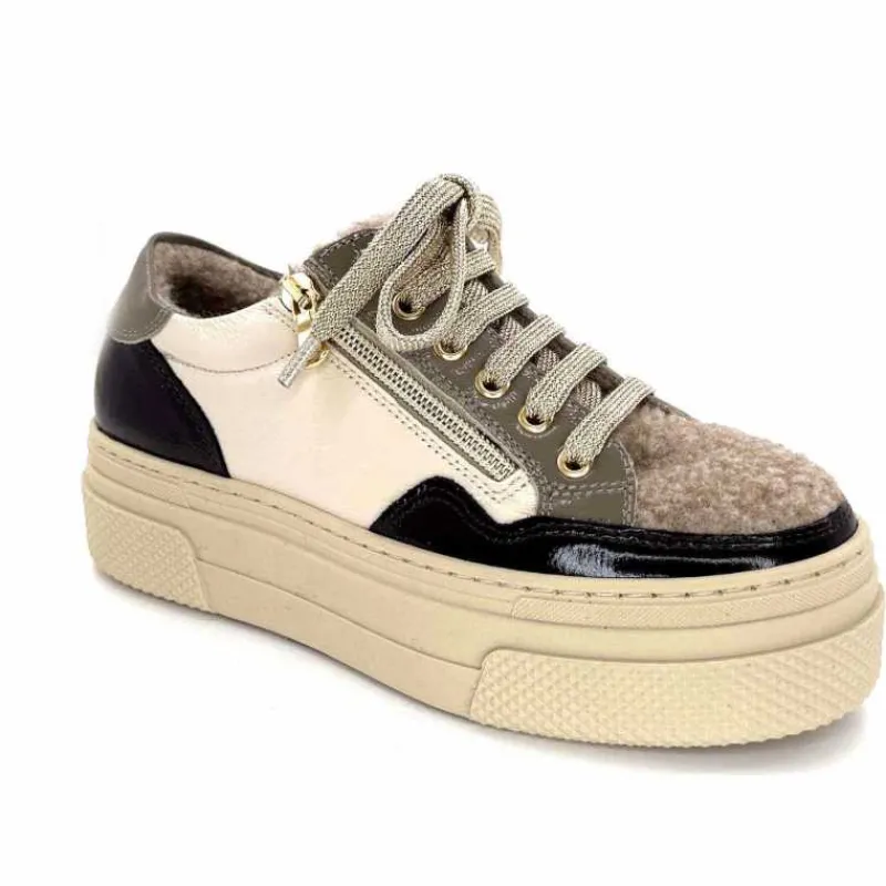 Fourrure|Compensées & Plateformes<Elena Baskets Fourrées 20124 GillCuir Crème Marron Gris BlancGrisClairMarron