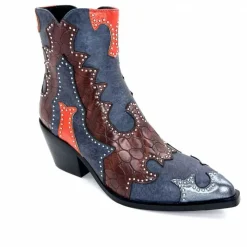 Rock|Fantaisie<noa harmon Bottines Santiags 9098 Cuir , Marron &amp; Orange Bleu