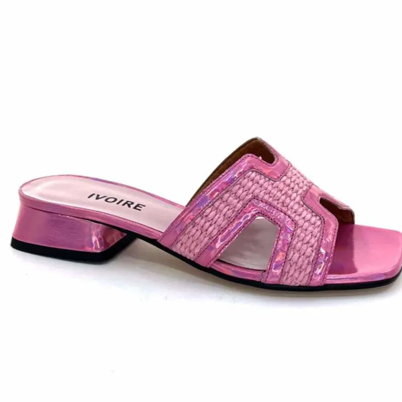 Vacances|Mules<Ivoire0330 Mules Ivoire 330 Cuir Irisé Vernis Raffia Rose
