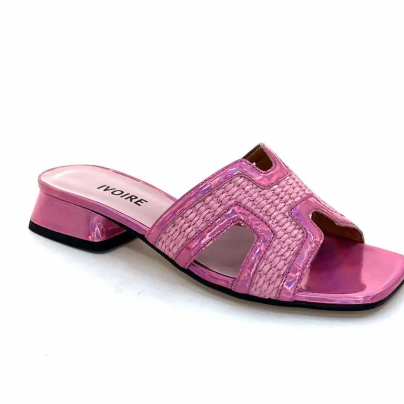 Vacances|Mules<Ivoire0330 Mules Ivoire 330 Cuir Irisé Vernis Raffia Rose