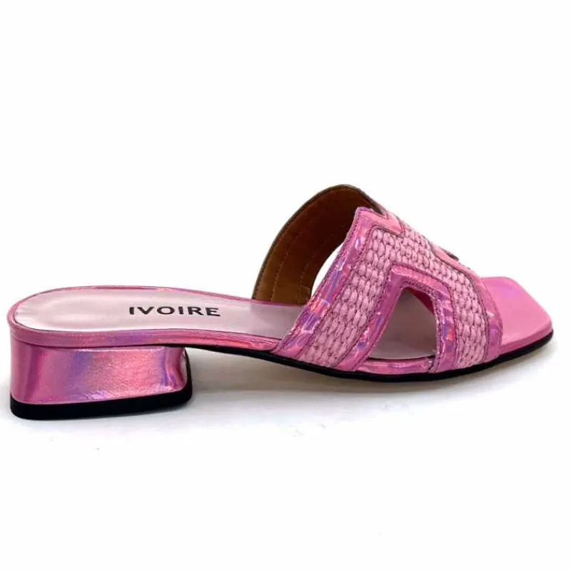 Vacances|Mules<Ivoire0330 Mules Ivoire 330 Cuir Irisé Vernis Raffia Rose