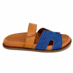 Vacances|Décontracté<382-ivoire Mules Ivoire D27084-803 Cuir Marron Textile Jean Bleu