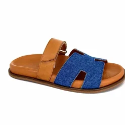 Vacances|Décontracté<382-ivoire Mules Ivoire D27084-803 Cuir Marron Textile Jean Bleu