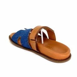 Vacances|Décontracté<382-ivoire Mules Ivoire D27084-803 Cuir Marron Textile Jean Bleu