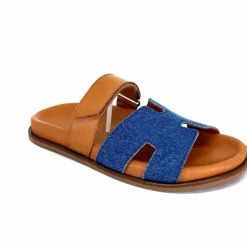 Vacances|Décontracté<382-ivoire Mules Ivoire D27084-803 Cuir Marron Textile Jean Bleu