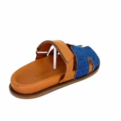 Vacances|Décontracté<382-ivoire Mules Ivoire D27084-803 Cuir Marron Textile Jean Bleu