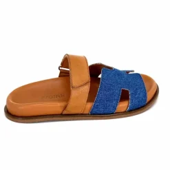 Vacances|Décontracté<382-ivoire Mules Ivoire D27084-803 Cuir Marron Textile Jean Bleu