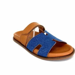 Vacances|Décontracté<382-ivoire Mules Ivoire D27084-803 Cuir Marron Textile Jean Bleu