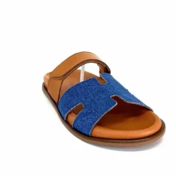 Vacances|Décontracté<382-ivoire Mules Ivoire D27084-803 Cuir Marron Textile Jean Bleu