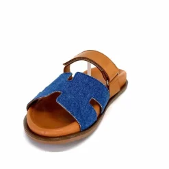 Vacances|Décontracté<382-ivoire Mules Ivoire D27084-803 Cuir Marron Textile Jean Bleu