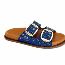 Vacances|Décontracté<382-ivoire Mules Plagettes Ivoire D27039-803 Textile Bleu