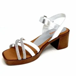 Vacances|Talon<380-ivoire Sandales à Talon Ivoire 97701-S Cuir Strass Argent Blanc