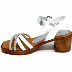 Vacances|Talon<380-ivoire Sandales à Talon Ivoire 97701-S Cuir Strass Argent Blanc