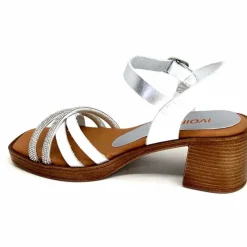 Vacances|Talon<380-ivoire Sandales à Talon Ivoire 97701-S Cuir Strass Argent Blanc