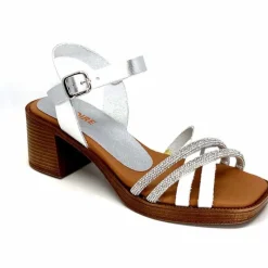 Vacances|Talon<380-ivoire Sandales à Talon Ivoire 97701-S Cuir Strass Argent Blanc
