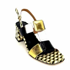 Talon|Fantaisie<Ivoire0330 Sandales à Talons Ivoire 604 Exagon Cuir Blanc Doré Noir