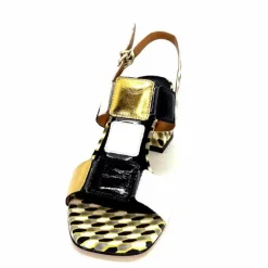 Talon|Fantaisie<Ivoire0330 Sandales à Talons Ivoire 604 Exagon Cuir Blanc Doré Noir