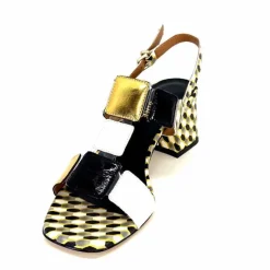 Talon|Fantaisie<Ivoire0330 Sandales à Talons Ivoire 604 Exagon Cuir Blanc Doré Noir