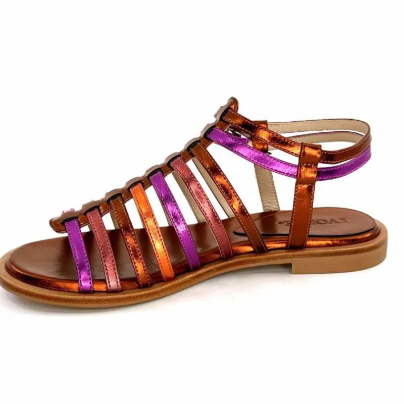 Vacances|Fantaisie<ivoire-395 Sandales Plate Ivoire E10433 Neopolis Cuir Métal Fuchsia Orange