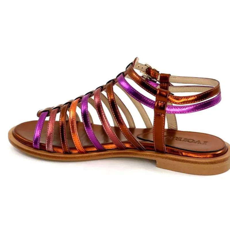 Vacances|Fantaisie<ivoire-395 Sandales Plate Ivoire E10433 Neopolis Cuir Métal Fuchsia Orange