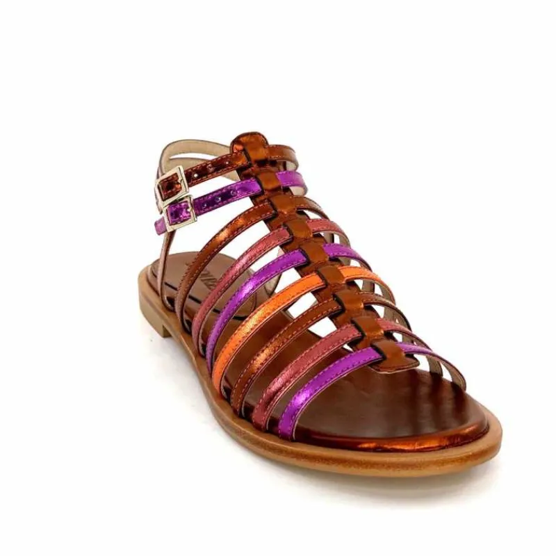 Vacances|Fantaisie<ivoire-395 Sandales Plate Ivoire E10433 Neopolis Cuir Métal Fuchsia Orange