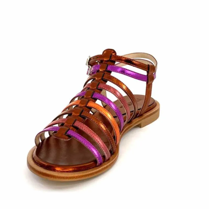 Vacances|Fantaisie<ivoire-395 Sandales Plate Ivoire E10433 Neopolis Cuir Métal Fuchsia Orange